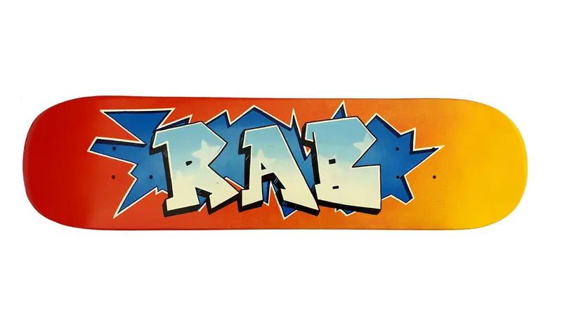 Skateboard painted with rattle cans with text reading 'Rab'