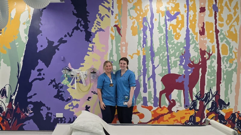 NHS mural, colourful woodland scene